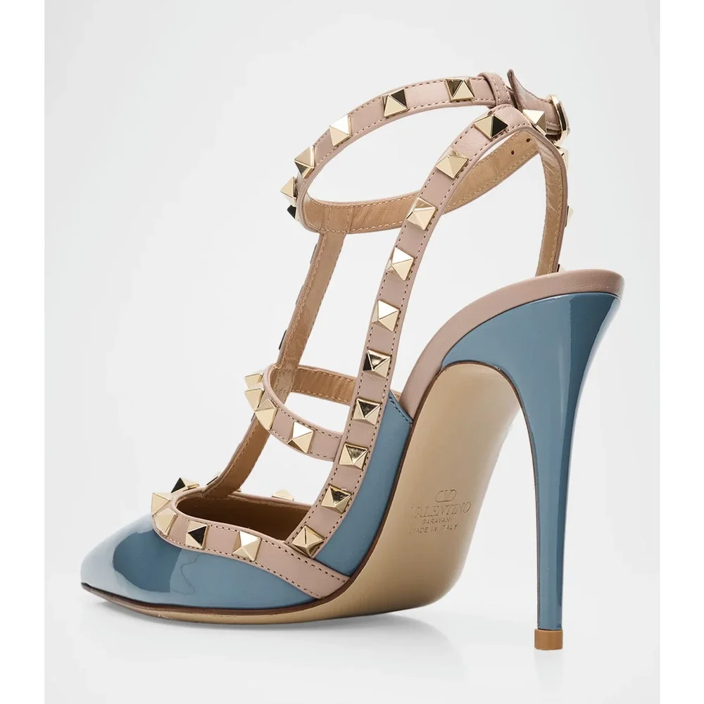 Valentino Rockstud 100mm Grey Blue Patent Poudre Nude Ankle Strap Heel Pump 36.5
